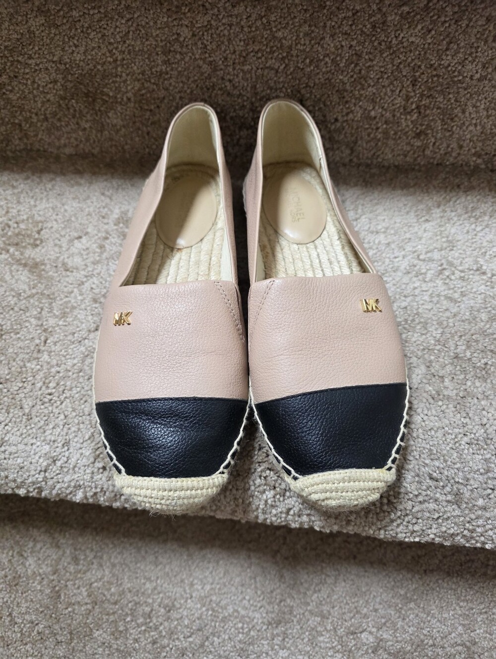 Michael Kors Pink and Black Leather Espadrille Flats with Gold MK Accent SZ 7